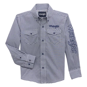 Wrangler Boy's Checotah Blue Geometric Button Down Western Shirt 112356519 - Picture 1 of 16