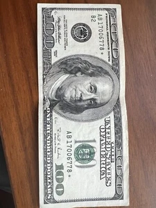 1996 $100 Dollar Bill Fancy Serial Number STAR NOTE AB17006778*  Crisp shape. - Picture 1 of 2