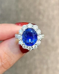 4.90 Ct Oval Cut Natural Blue Sapphire & Diamond Engagement Ring 14k White Gold - Picture 1 of 7