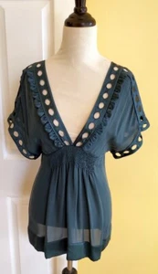 Anthropologie MINT Jodi Arnold Storm Blue V-Neck Empire Waist Silk Blouse Top, 2 - Picture 1 of 6