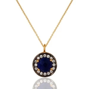 Blue Corundum CZ 18K Yellow Gold Plated 925 Sterling Silver Necklace Jewelry - Picture 1 of 2