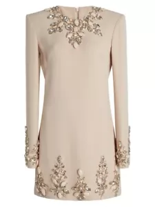 Elegant Beaded & Crystal Embellished Long Sleeve Evening Dress in Beige - Picture 1 of 11