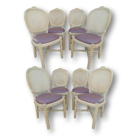 Set of 8 Vintage Italian Cane Back Carved Faux Bois Rope Dining Chairs X-Base Cover