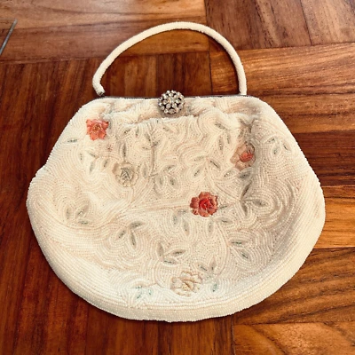 Gorgeous Floral Beaded Embroidered Purse White w/ Pink Flowers Rhinestone Clasp - Image 1 of 4
