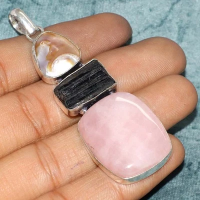 Long Rose Quartz Black Tourmaline 925 Silver Plated Pendant 3" GW - Image 1 of 3