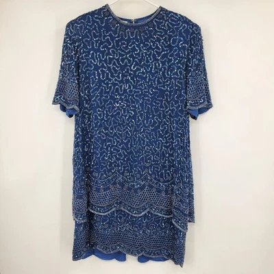 Vestido Formal Vintage Brillante 100% Seda Azul Manga Corta Lentejuelas Cuentas XL Foto 1 de 4