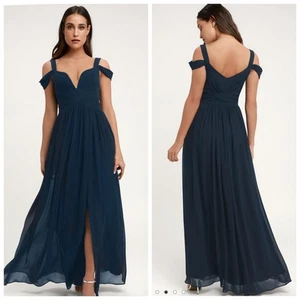 Lulus Bariano Navy Chiffon Ocean Of Elegance Floor Length Dress Small NWT - Picture 1 of 9