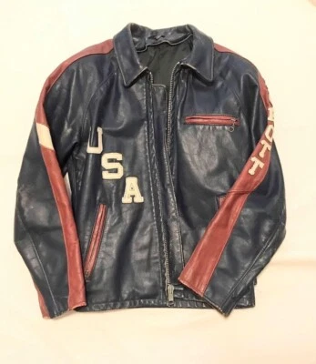 Schott USA Logo Line Riders Jacket Blouson Men Size 36 Navy Blue Red Vintage - Image 1 of 4