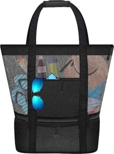 Bolso de mano de playa de malla de gran tamaño bolsa de picnic de viaje con refrigerador aislante verano Reino Unido - Imagen 1 de 5