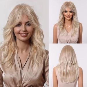 Light Blonde Wavy Synthetic Hair with Bangs Softy for Women Daily Party Wig - Picture 1 of 11