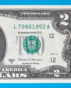 TRAILING YEAR 1952 (L 7086 1952 A) $2 Two Dollar Bill Serial Number 2017A*UNC* - Picture 1 of 3