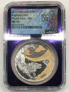 2024 Germania Gilt Ragnarok Hati Geminus 1 oz Silver 5 Mark Coin NGC MS70 - Picture 1 of 3