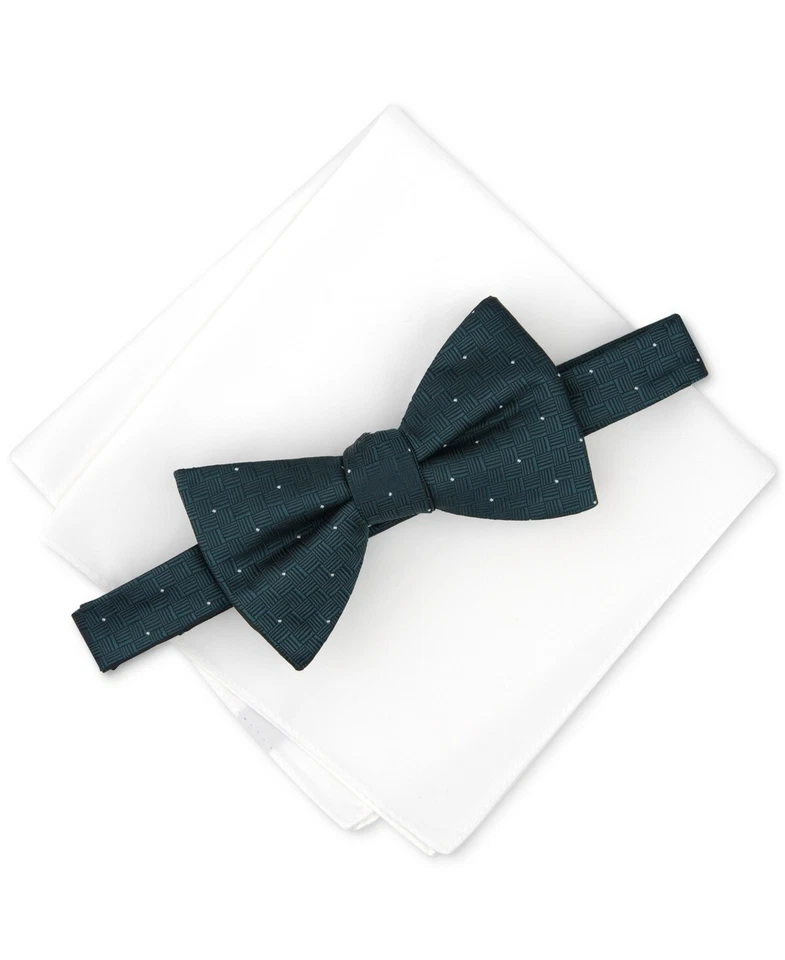 ALFANI Black Mini Polka Dot Bow Tie & Solid White Pocket Square NEW - Image 1 of 1
