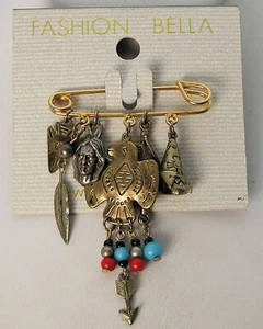 Carded New Fashion Bella Southwest Inspired Pin w/ Native American Indian Charms - Picture 1 of 5