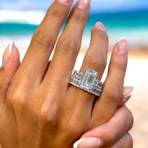 White Gold Ring Set IGI Lab Grown Diamond Emerald Cut 13 Carat Fine 14K Band - Picture 1 of 10
