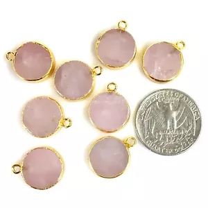 Ciondolo Quarzo Rosa Naturale Pietra Preziosa Rosa Rotondo con Anello Lunetta Oro Bordo - Foto 1 di 6