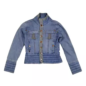 Dollhouse Denim Jean Crop Jacket Women Small Blue High Collar Button Up Y2K 90s - Picture 1 of 16