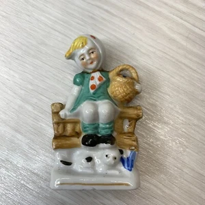 Girl On Fence Figure Vintage w Basket Japan Porcelain/Ceramic 3.5" Tall - Picture 1 of 8