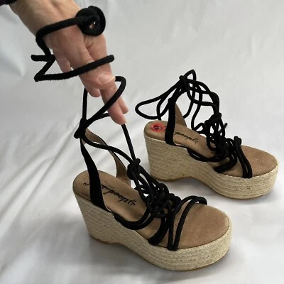 NUEVA Sandalia Gladiador Free People Talla 6 Plataforma de Encaje Gamuza Negra 36 Caprichosa Gótica Foto 1 de 4