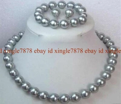 MODA 10MM PLATA GRIS CONCHA PERLAS COLLAR 20"" PULSERA 7.5" JUEGO DE PENDIENTES Foto 1 de 4