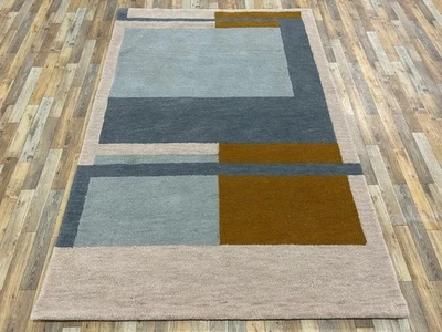 Modern Geometric Hand Tufted Wool Area Rug 5x8 Blue Gold Gray Abstract Block - Image 1 of 4