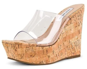 Steve Madden Barona Clear Slip On Open Squared Toe Wedges Heeled Dress Sandals - Picture 1 of 9