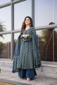 Soft Cotton Anarkali Gown Party wear dress Indian Wedding Dress Readymade suit - Picture 1 of 10