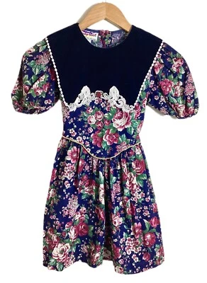 Emily West Vtg Floral Dress Girls 10PP Velvet Lace Collar Tieback Puff Sleeve - Image 1 of 4
