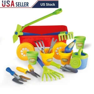 Kids Gardening Sets 15 Piece Tools Wagon Watering Can Flower Pots Outdoor Play - Picture 1 of 5