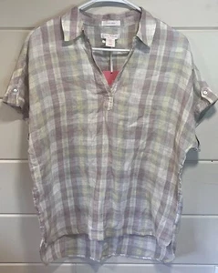 NWT Issac Mizrahi 100% Linen Women’s Button Up High/Low Pastel Plaid Size S - Picture 1 of 5