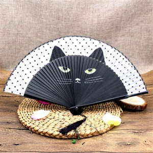 Vintage Bamboo Silk Hand Fan Chinese Japanese Cartoon Cat Paint Folding Gifts - Picture 1 of 15