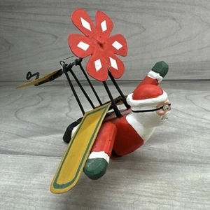 VTG Hand Crank Santa Airplane Glider Toy Wood Santa Tin Wings & Propeller RARE - Picture 1 of 12