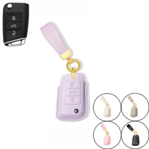 Genuine Leather Car Key Case Cover For VW Golf Polo MK7 Karoq Skoda Seat Leon - Picture 1 of 12