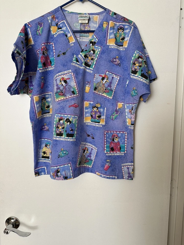 Simply Basic Penguin Tourists Maps Eiffel Tower Fishing Print Scrub Top Small - Image 1 of 4