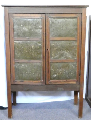 PRIMITIVE SOUTHERN PIE SAFE. 6 Tin Panels. 3 Shelves. Screened Sides + Back 1870 Cover