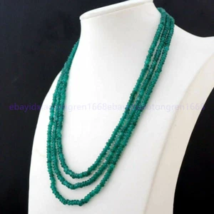 17-19inch 2x4mm Faceted 3 Rows Genuine Natural Green Jade Gems Beads Necklace - Picture 1 of 12