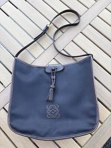 Loewe Anagram Brown Leather Black Coated Canvas Vintage Shoulder Bag Women - Picture 1 of 15