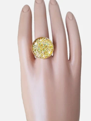 Anillo de resina Druzy amarillo citrino: 20 mm ¡Ver el video! En acero inoxidable 18-KGP Foto 1 de 4
