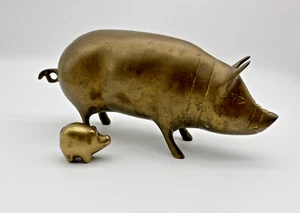 Vintage Two Figurines Pig Mother with Piglet Child Brass - Picture 1 of 13