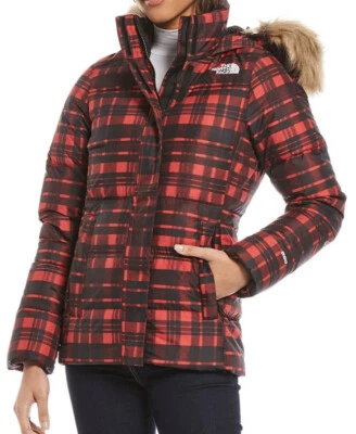 The North Face TNF Gotham Hooded Puffer Down Jacket Red Plaid w/ Faux Fur S NWT - Image 1 of 4