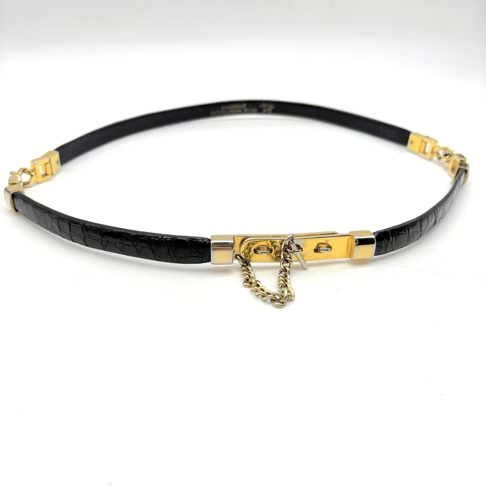 Vintage Black Genuine Alligator Skin Gold-tone Chain Peg Buckle Waist Belt 30 - Image 1 of 4
