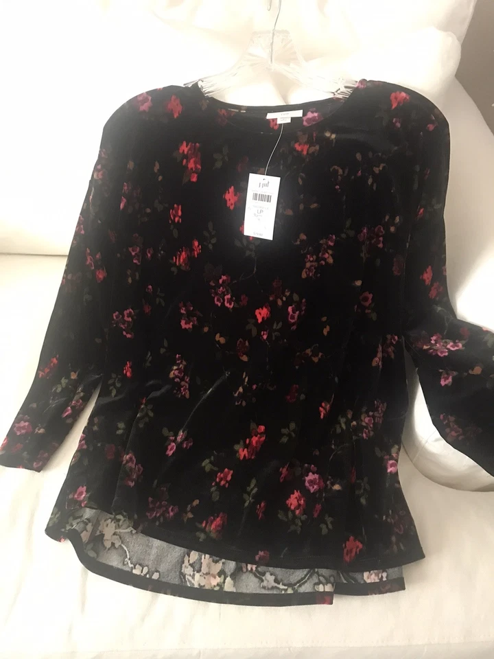 Top de terciopelo Jill talla pequeña grande negro floral terciopelo vacaciones nuevo con etiquetas PL Foto 1 de 3