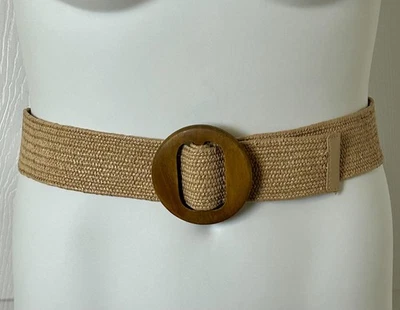 Woven Belt Womens One Size Tan Cabana Wood Round Buckle Boho Raffia Summer Beach - Image 1 of 4