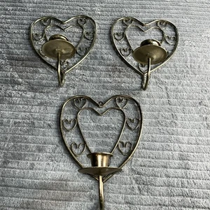 Juego de 3 soportes de pared de metal dorado en forma de corazón interior de hogar vintage - Imagen 1 de 4