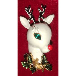Vintage signierte ART Rudolph Rentier Weihnachtsbrosche Emaille & Strass - Bild 1 von 3