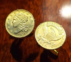 1831 Gold Capped Liberty Head 2,5 $ Dollar Quarter Eagle Münze Manschettenknöpfe + Geschenkbox - Bild 1 von 4