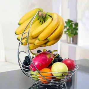MODERN STAINLESS STEEL CHROME PLATED FRUIT & VEG BASKET BOWL BANANA HANGER SHELF - Picture 1 of 4