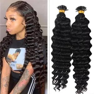 Deep Wave I Tip Human Hair Extension Pre Bonded Microlink Brazilian Hair 100Pcs - Picture 1 of 12