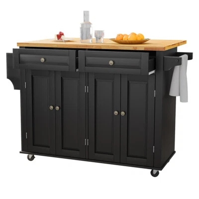 Drop-Leaf Kitchen Island Trolley Cart Wood Storage Cabinet with Spice Towel Rack - Image 1 of 4