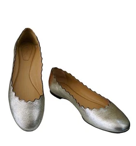 CHLOE sz 37.5 Lauren Metallic Silver Crinkle Leather Ballet Flats 7 - Picture 1 of 5